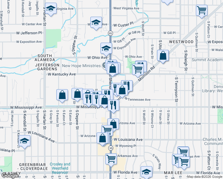 map of restaurants, bars, coffee shops, grocery stores, and more near 982 South Sheridan Boulevard in Denver