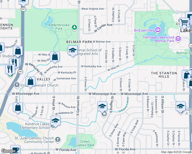 map of restaurants, bars, coffee shops, grocery stores, and more near 8990 West Ohio Place in Lakewood
