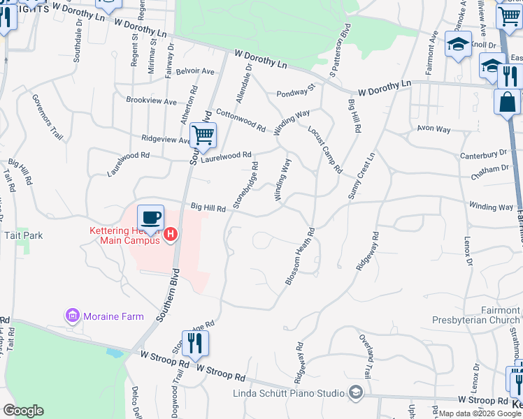 map of restaurants, bars, coffee shops, grocery stores, and more near 865 Big Hill Road in Dayton