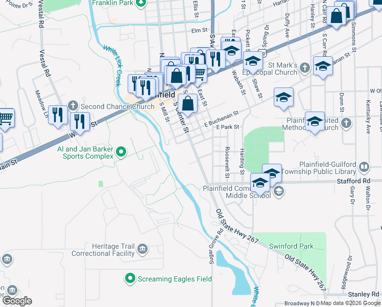 map of restaurants, bars, coffee shops, grocery stores, and more near 506 South Center Street in Plainfield