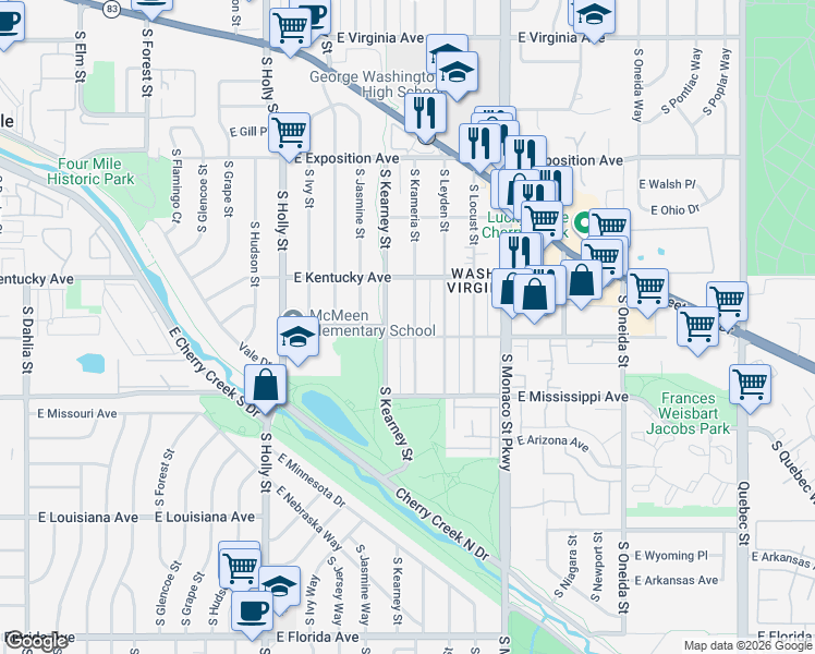 map of restaurants, bars, coffee shops, grocery stores, and more near 985 South Krameria Street in Denver