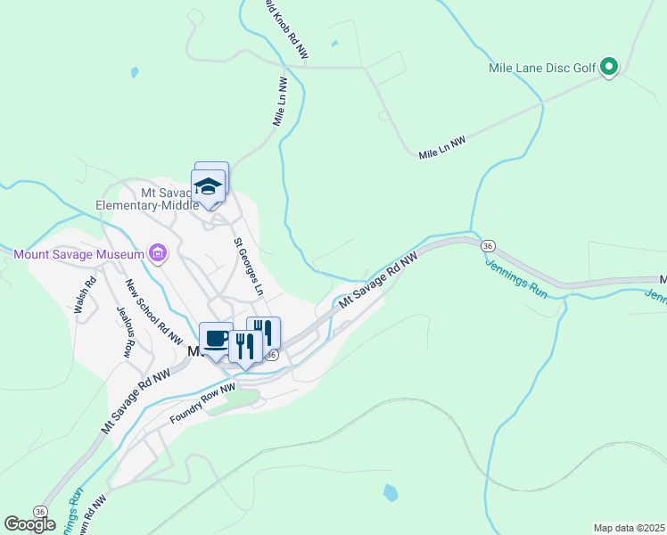 map of restaurants, bars, coffee shops, grocery stores, and more near in Mount Savage