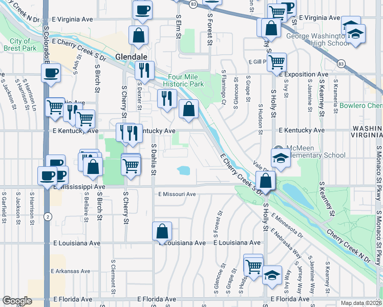 map of restaurants, bars, coffee shops, grocery stores, and more near 5250 East Cherry Creek South Drive in Denver