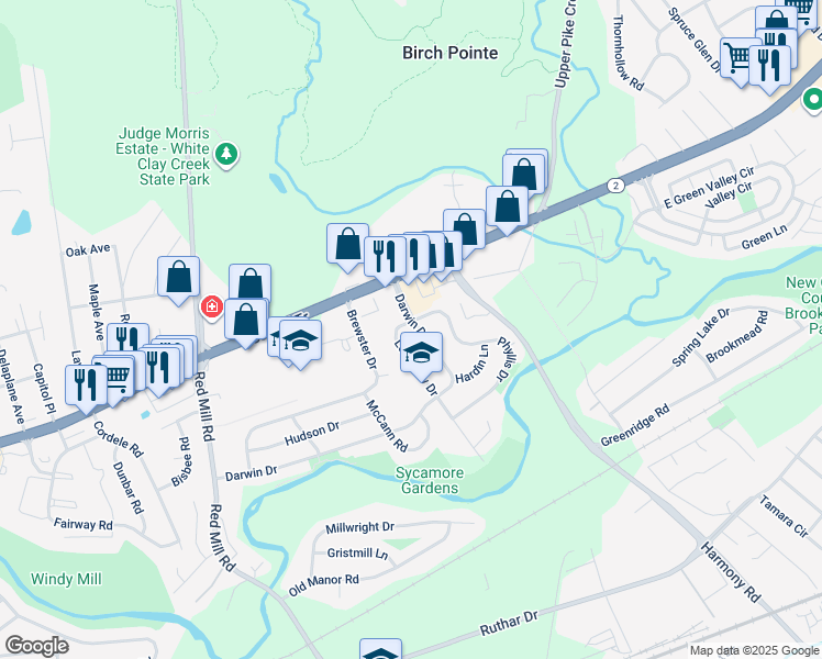 map of restaurants, bars, coffee shops, grocery stores, and more near 102 Darwin Drive in Newark