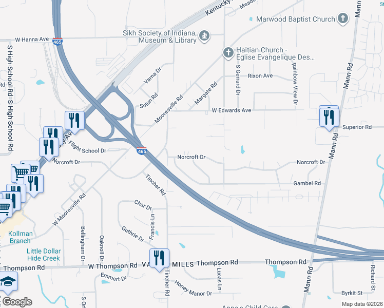map of restaurants, bars, coffee shops, grocery stores, and more near 5356 Norcroft Drive in Indianapolis