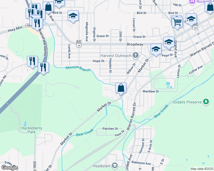 map of restaurants, bars, coffee shops, grocery stores, and more near 602-08 John Street in Hannibal