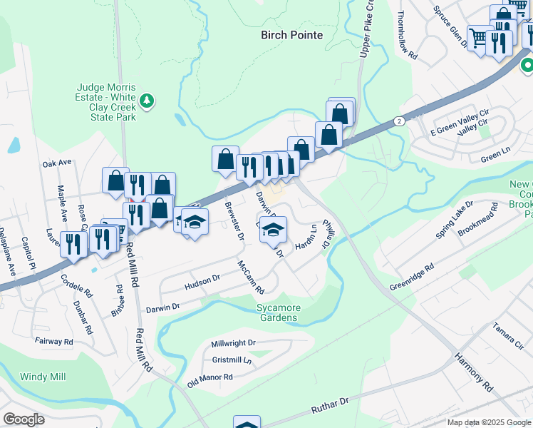 map of restaurants, bars, coffee shops, grocery stores, and more near 102 Darwin Drive in Newark