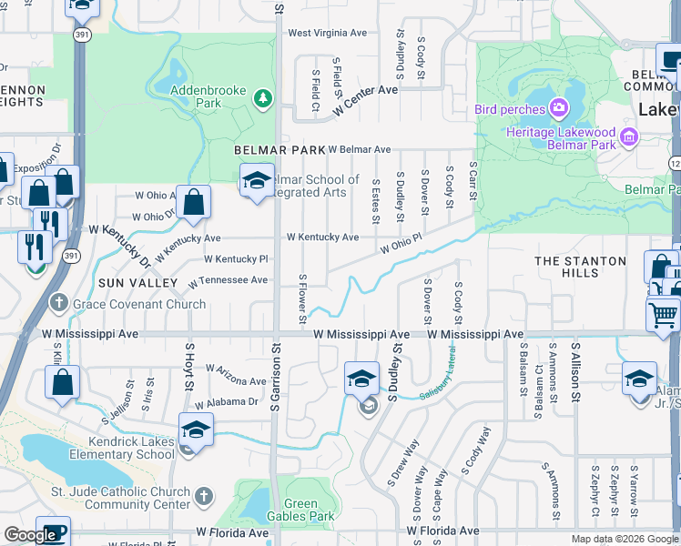 map of restaurants, bars, coffee shops, grocery stores, and more near 8990 West Ohio Place in Lakewood