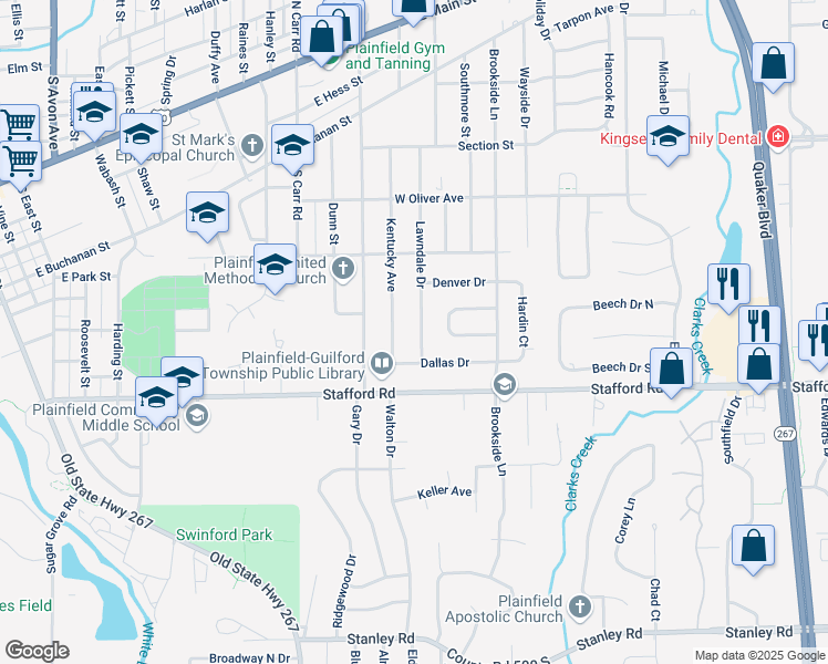 map of restaurants, bars, coffee shops, grocery stores, and more near 637 Lawndale Drive in Plainfield