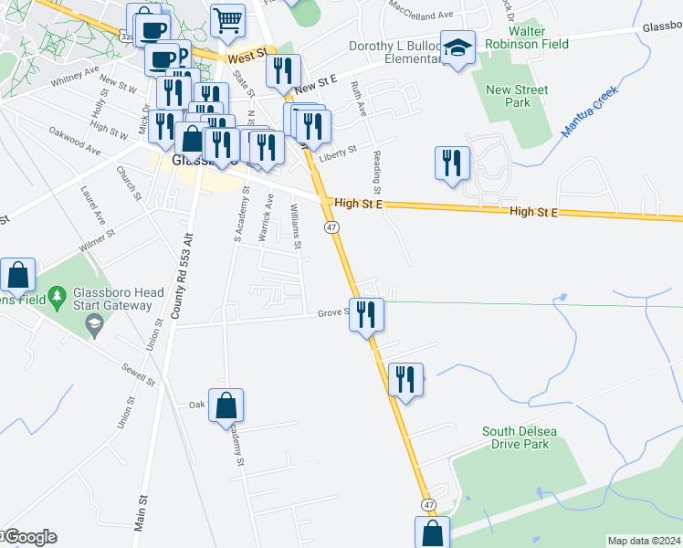 map of restaurants, bars, coffee shops, grocery stores, and more near 39 Delsea Drive South in Glassboro
