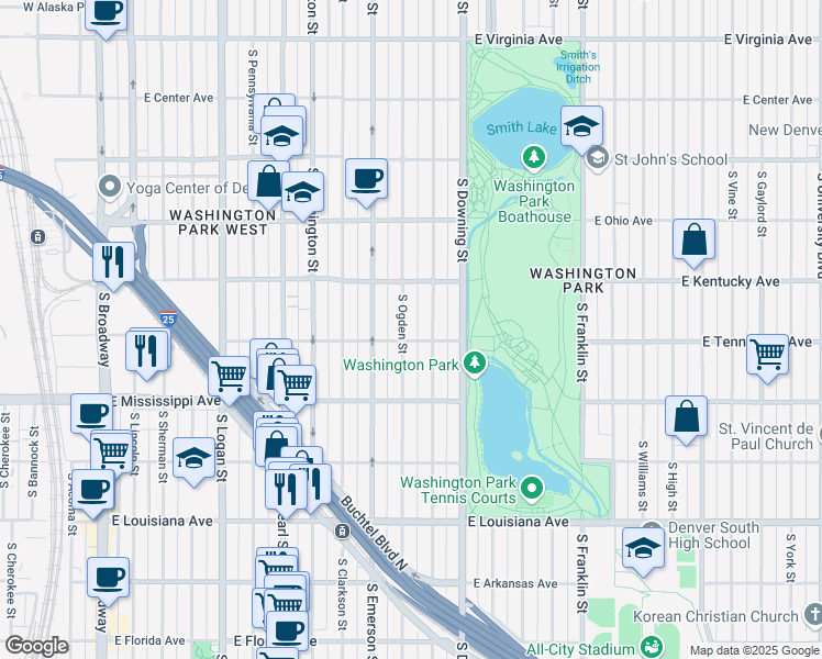 map of restaurants, bars, coffee shops, grocery stores, and more near 976 South Ogden Street in Denver