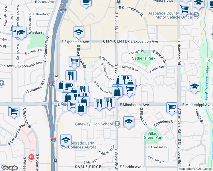 map of restaurants, bars, coffee shops, grocery stores, and more near 14331 East Tennessee Avenue in Aurora