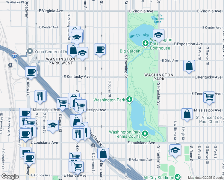map of restaurants, bars, coffee shops, grocery stores, and more near 976 South Ogden Street in Denver