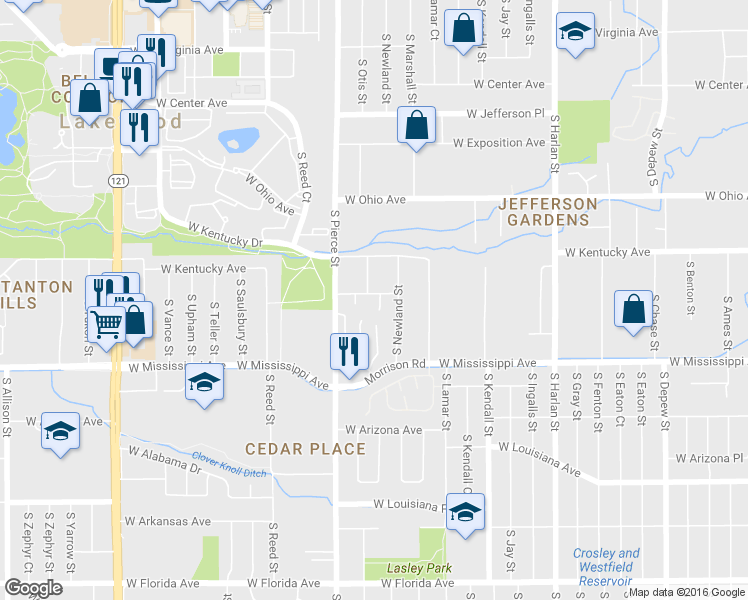 map of restaurants, bars, coffee shops, grocery stores, and more near 1009 South Newland Court in Lakewood
