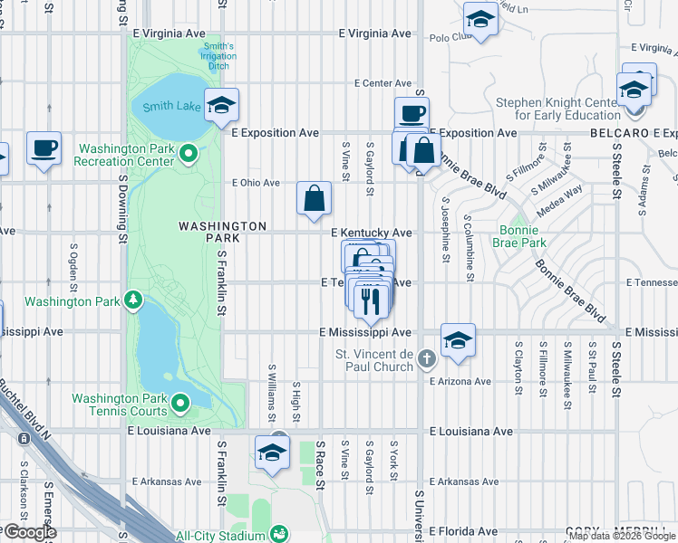 map of restaurants, bars, coffee shops, grocery stores, and more near 962 South Vine Street in Denver