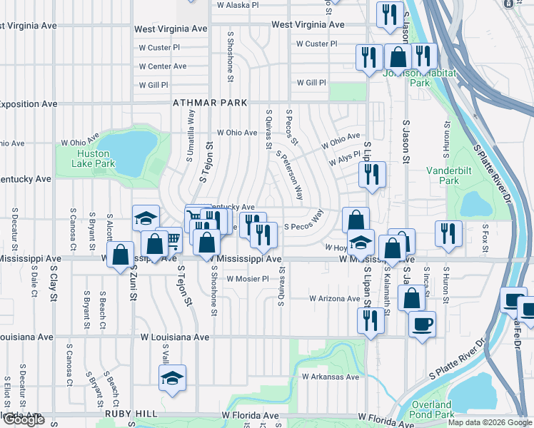 map of restaurants, bars, coffee shops, grocery stores, and more near 1726 West Kentucky Avenue in Denver