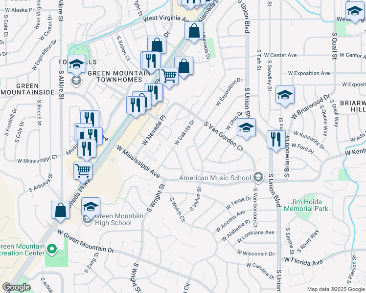 map of restaurants, bars, coffee shops, grocery stores, and more near 12325 West Ohio Circle in Lakewood