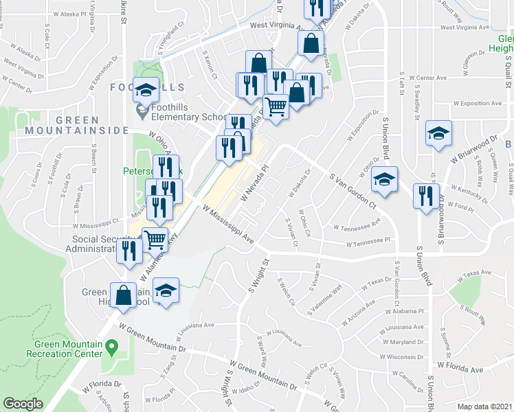 map of restaurants, bars, coffee shops, grocery stores, and more near 12478 West Nevada Place in Lakewood