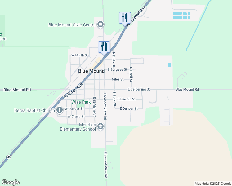 map of restaurants, bars, coffee shops, grocery stores, and more near 200-298 East Seiberling Street in Blue Mound