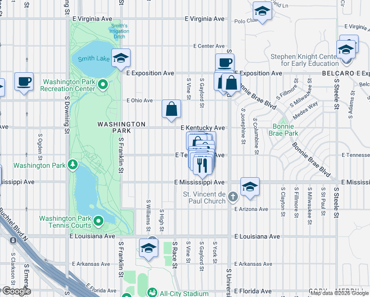 map of restaurants, bars, coffee shops, grocery stores, and more near 962 South Vine Street in Denver