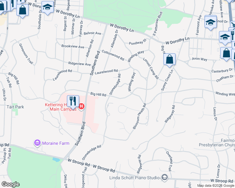map of restaurants, bars, coffee shops, grocery stores, and more near 865 Big Hill Road in Dayton