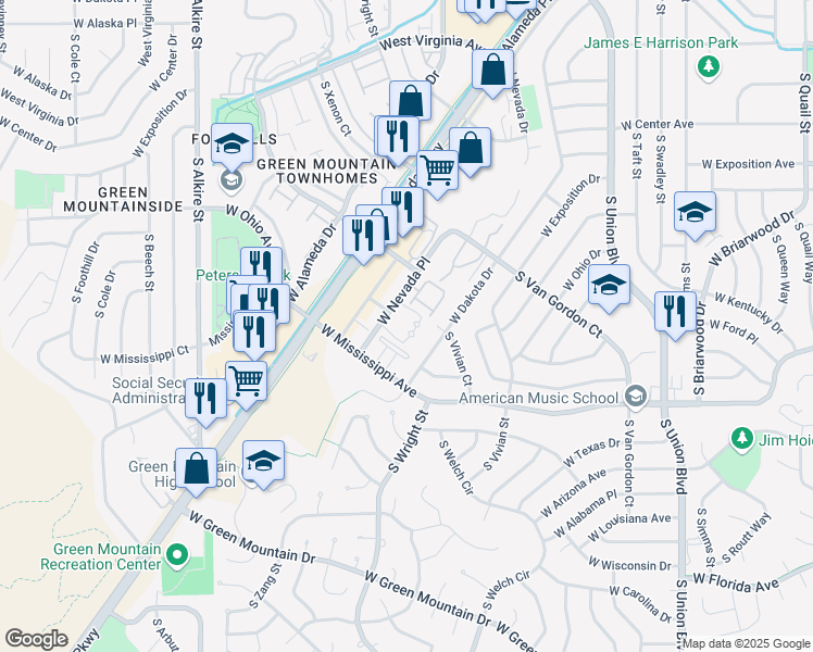 map of restaurants, bars, coffee shops, grocery stores, and more near 12478 West Nevada Place in Lakewood
