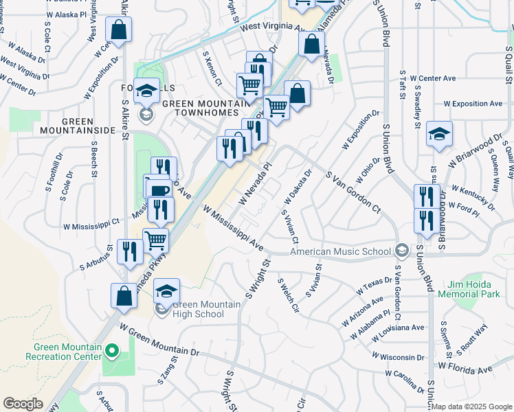 map of restaurants, bars, coffee shops, grocery stores, and more near 12478 West Nevada Place in Lakewood