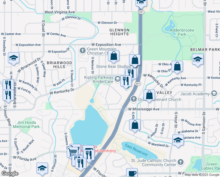 map of restaurants, bars, coffee shops, grocery stores, and more near 950 South Miller Street in Lakewood