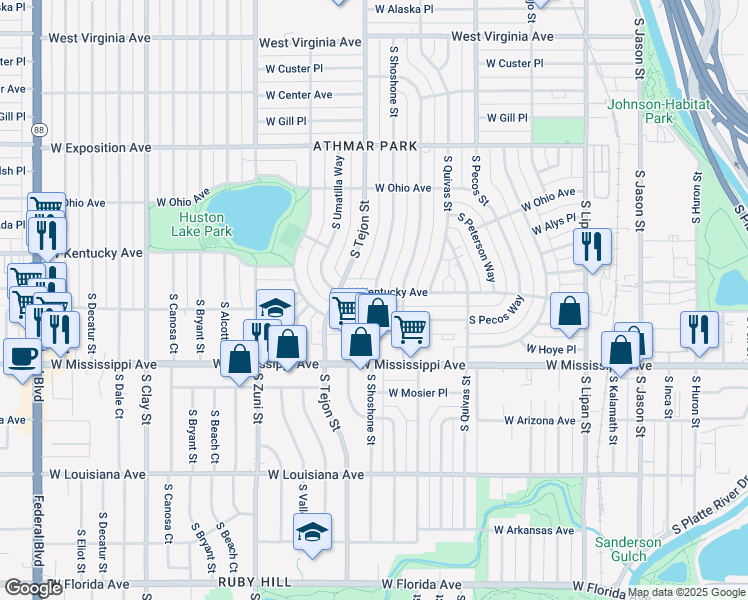 map of restaurants, bars, coffee shops, grocery stores, and more near 1874 West Kentucky Avenue in Denver