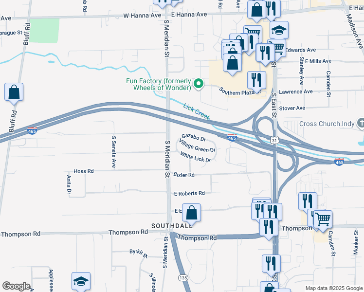 map of restaurants, bars, coffee shops, grocery stores, and more near 51 Village Green Drive in Indianapolis
