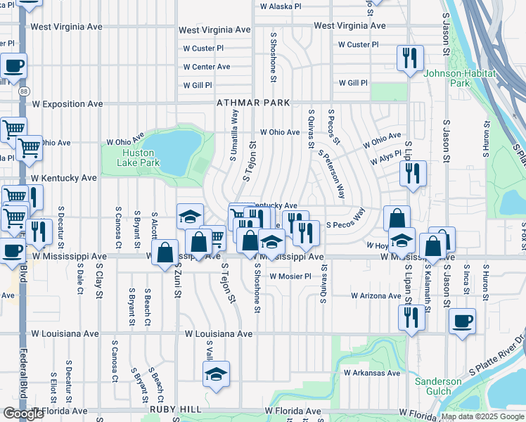 map of restaurants, bars, coffee shops, grocery stores, and more near 1874 West Kentucky Avenue in Denver