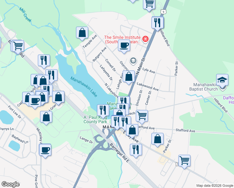 map of restaurants, bars, coffee shops, grocery stores, and more near 22 North Lakeshore Drive in Stafford Township