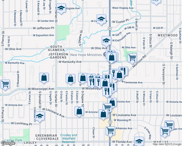 map of restaurants, bars, coffee shops, grocery stores, and more near 965 South Benton Street in Lakewood