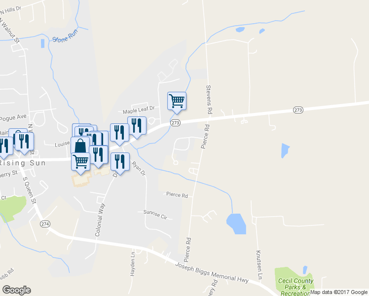 map of restaurants, bars, coffee shops, grocery stores, and more near 102 Maple Ridge Way in Rising Sun