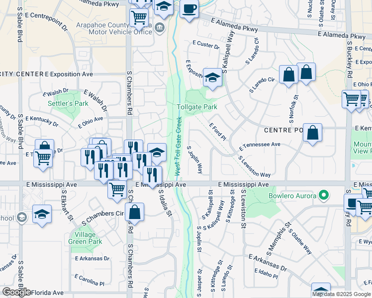 map of restaurants, bars, coffee shops, grocery stores, and more near 1059 South Joplin Way in Aurora