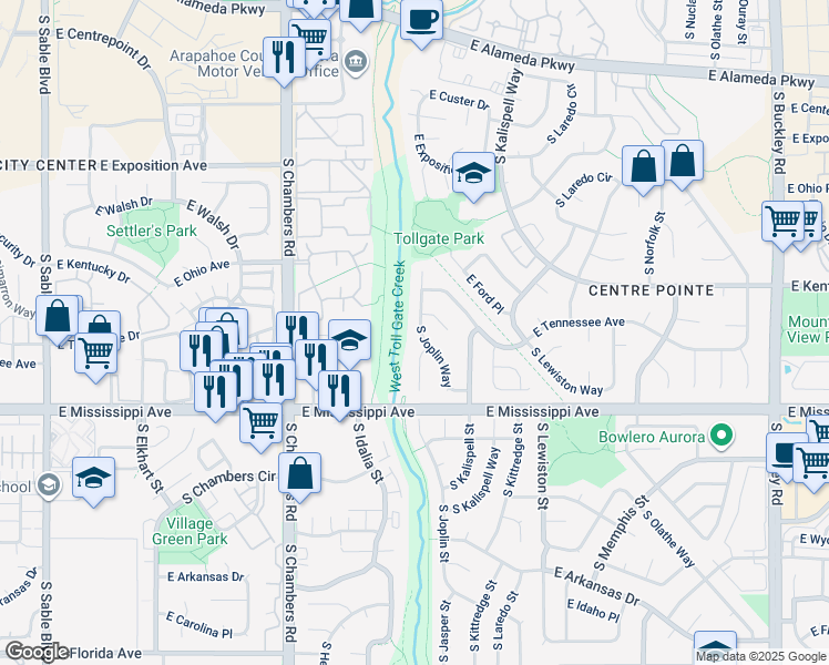 map of restaurants, bars, coffee shops, grocery stores, and more near 1059 South Joplin Way in Aurora
