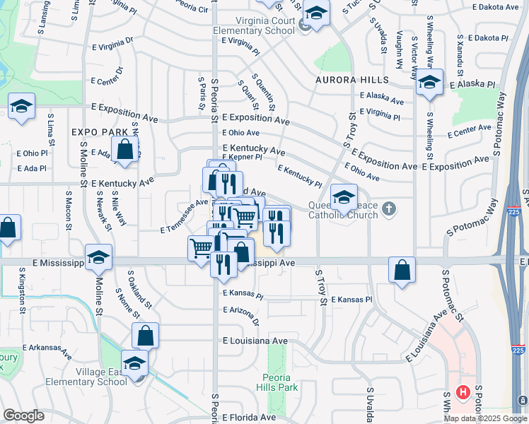 map of restaurants, bars, coffee shops, grocery stores, and more near 12525 East Tennessee Circle in Aurora