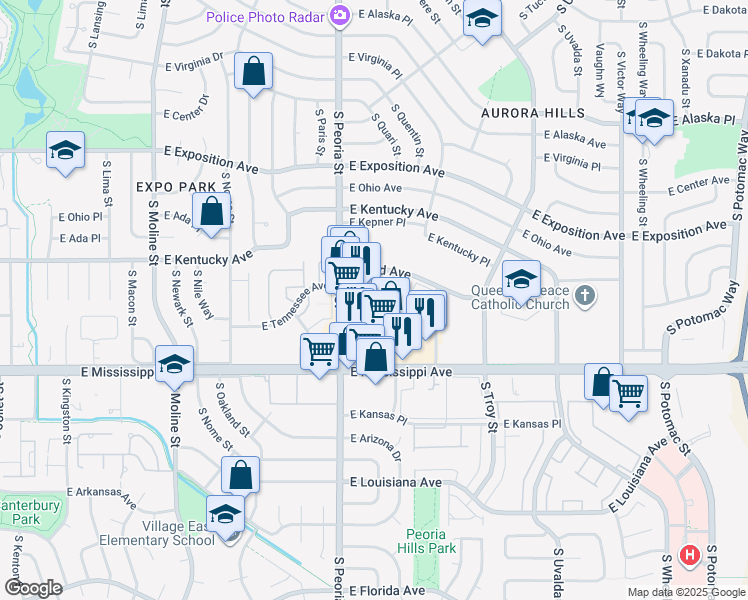 map of restaurants, bars, coffee shops, grocery stores, and more near 12281 East Tennessee Drive in Aurora
