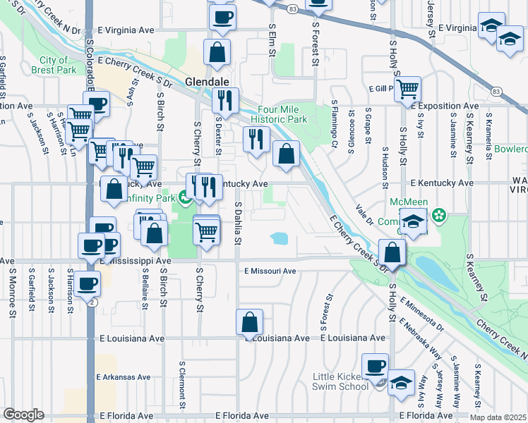 map of restaurants, bars, coffee shops, grocery stores, and more near 4858 East Kentucky Avenue in Denver