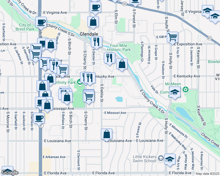 map of restaurants, bars, coffee shops, grocery stores, and more near 4820 East Kentucky Avenue in Denver