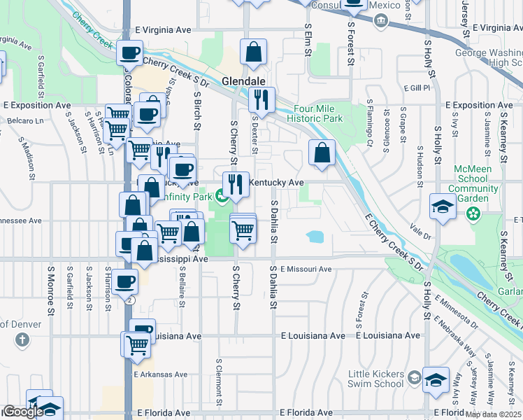 map of restaurants, bars, coffee shops, grocery stores, and more near 960 South Dexter Street in Denver