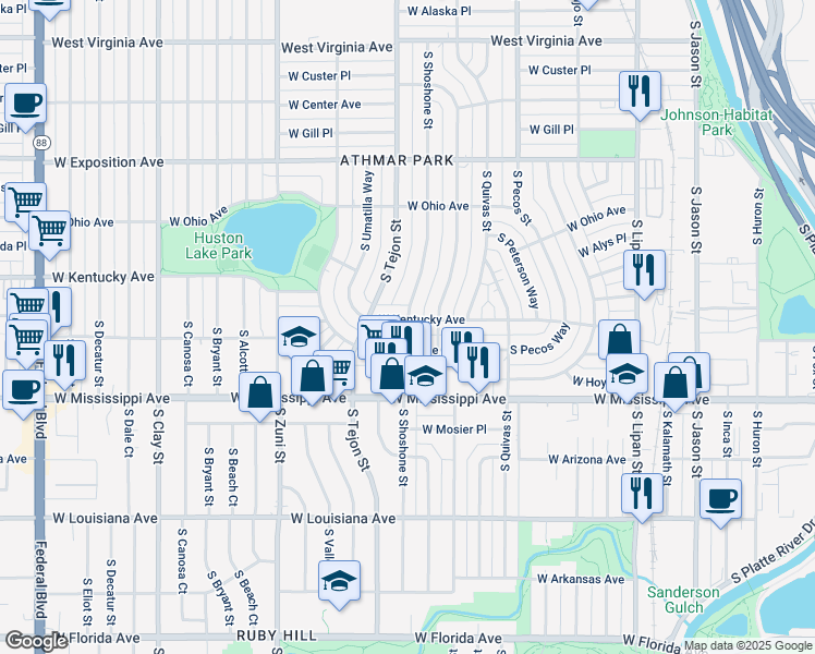 map of restaurants, bars, coffee shops, grocery stores, and more near 1874 West Kentucky Avenue in Denver