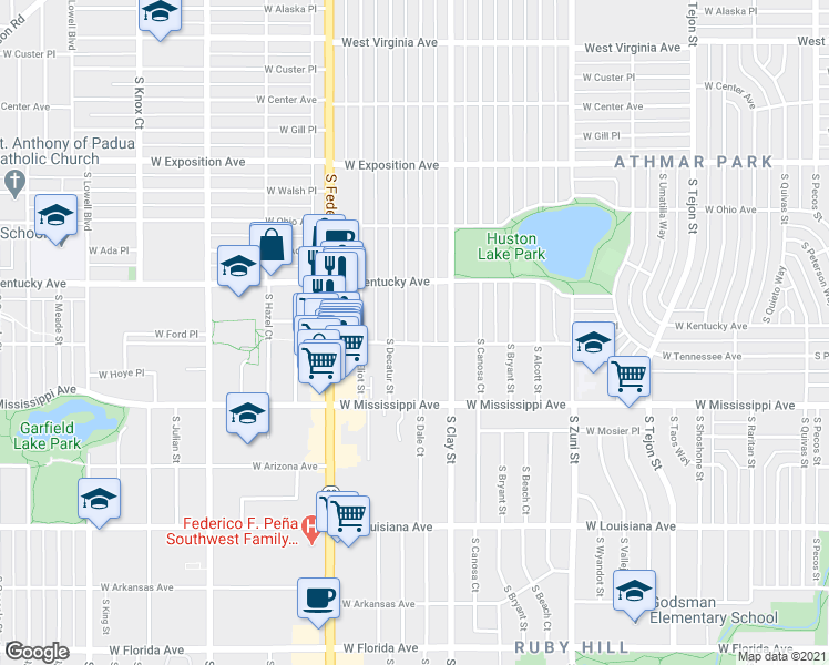 map of restaurants, bars, coffee shops, grocery stores, and more near 970 South Decatur Street in Denver