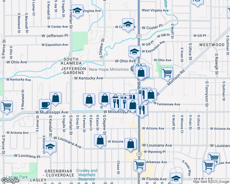 map of restaurants, bars, coffee shops, grocery stores, and more near 965 South Benton Street in Lakewood