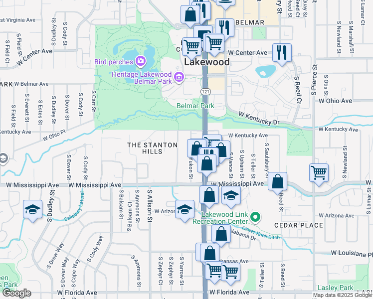 map of restaurants, bars, coffee shops, grocery stores, and more near 966 South Yukon Street in Denver