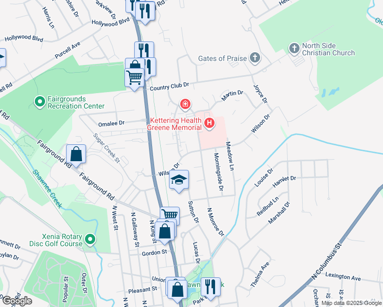 map of restaurants, bars, coffee shops, grocery stores, and more near 196 Wilson Drive in Xenia