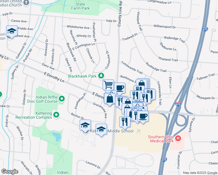 map of restaurants, bars, coffee shops, grocery stores, and more near 3024 Brickwall Drive in Dayton