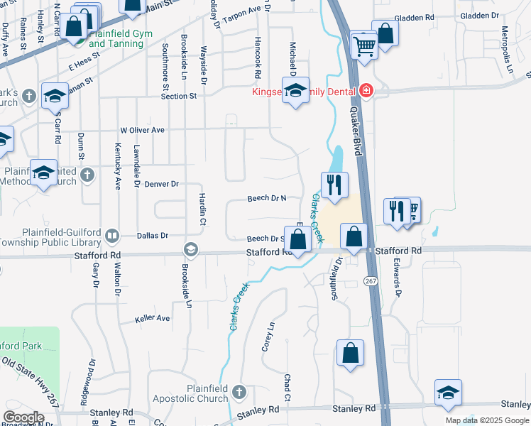 map of restaurants, bars, coffee shops, grocery stores, and more near 1702 Beech Circle in Plainfield