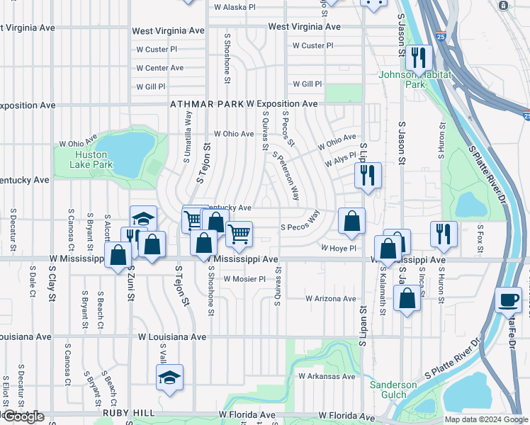 map of restaurants, bars, coffee shops, grocery stores, and more near 1726 West Kentucky Avenue in Denver