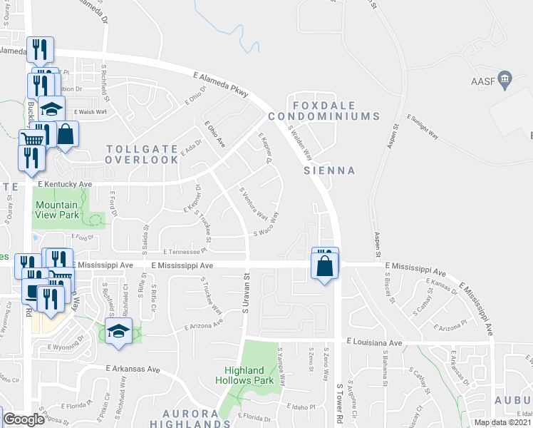map of restaurants, bars, coffee shops, grocery stores, and more near 1034 S Ventura Way in Aurora